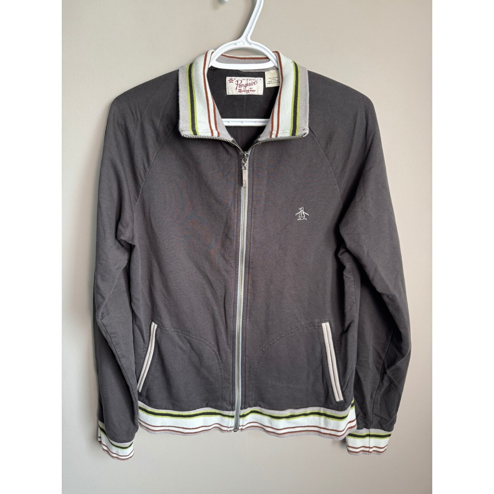 Original Penguin Full Zip Bomber Jacket Small Grayish Black Striped Trim Retro